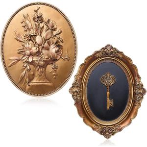 Kathfly 2 Pack Vintage Wall Sculptures Gold Flower Wall Art and Oval Embossed Intricate Key Decor Antique Statue Victorian Hanging Decor for Gallery Living Room Entryway, Gift for Couple Housewarming