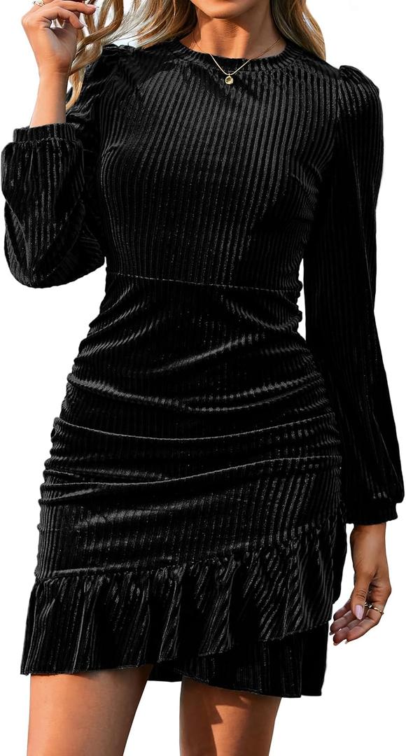 Simplee Womens Velvet Bodycon Mini Dress Long Sleeve Ruffle Hem Fall Winter Cocktail Dresses for Party Holiday Events (Large, Black)