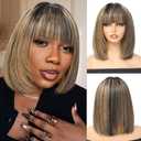 Short Bob Wig with Bangs Human Hair 1B/ 27# Honey Blonde Highlight Wig 2.5x1 Inch Lace Bob Wig Human Hair 180 Density Layered Cut Bob Wig Wear and Go Glueless Wigs with Bangs 10 Inch