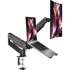 Pholiten Monitor and Laptop Mount for Max 32 Screen and 17 Notebook, Dual Monitor Mount Holds up to 22lbs,Laptop Tray Stand with Gas Spring Arm