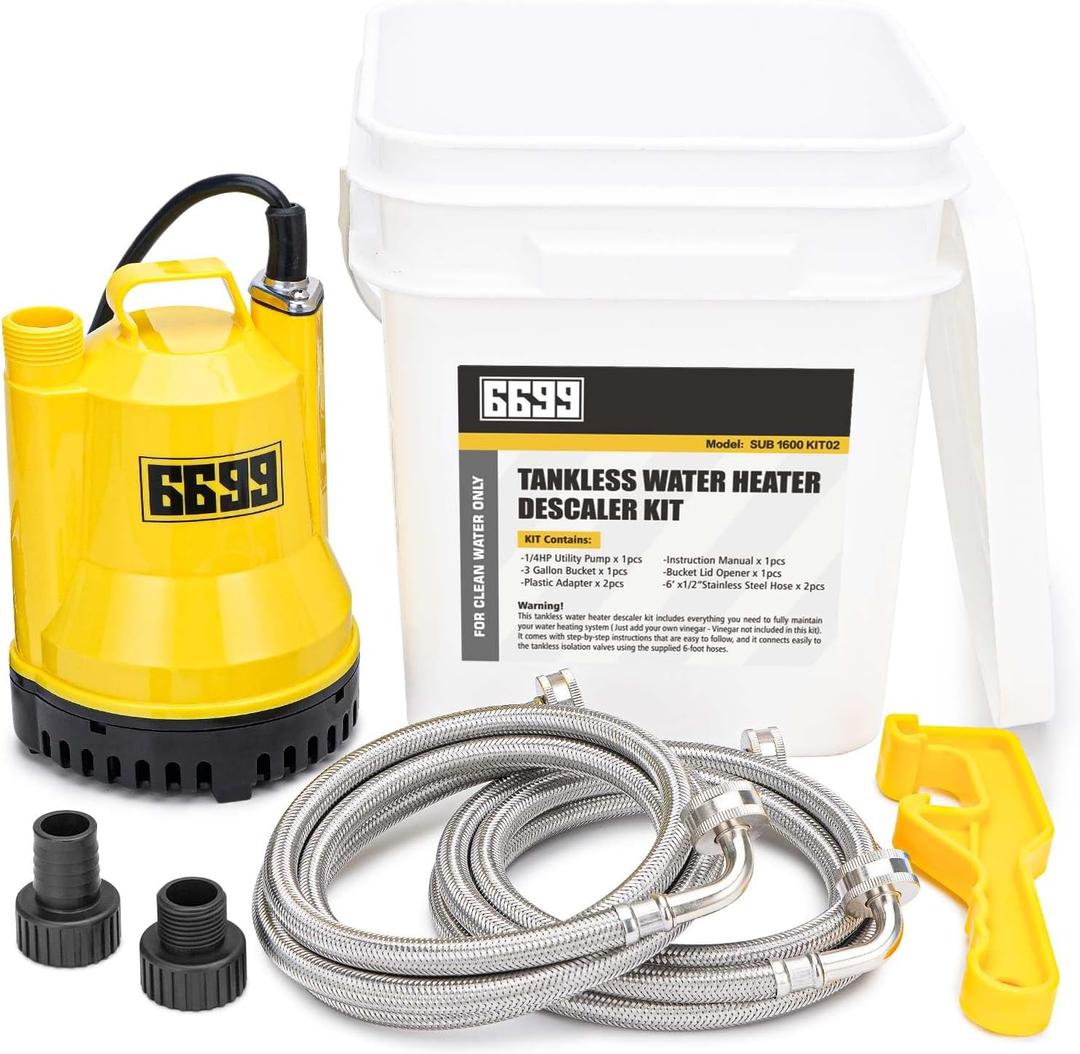 Tankless Water Heater Flush Kit Includes 1/4HP Sump Pump with Two Adapters & 3 Gallons Pail with Bucket Lid Opener & Two 1/2 Dia X 6 Hoses with Washers