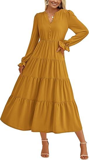 PRETTYGARDEN Long Sleeve Dress for Women Fall V Neck Tiered A Line Spring Elegant Modest Flowy Wedding Guest Maxi Dresses (Brown Yellow,XX-Large)