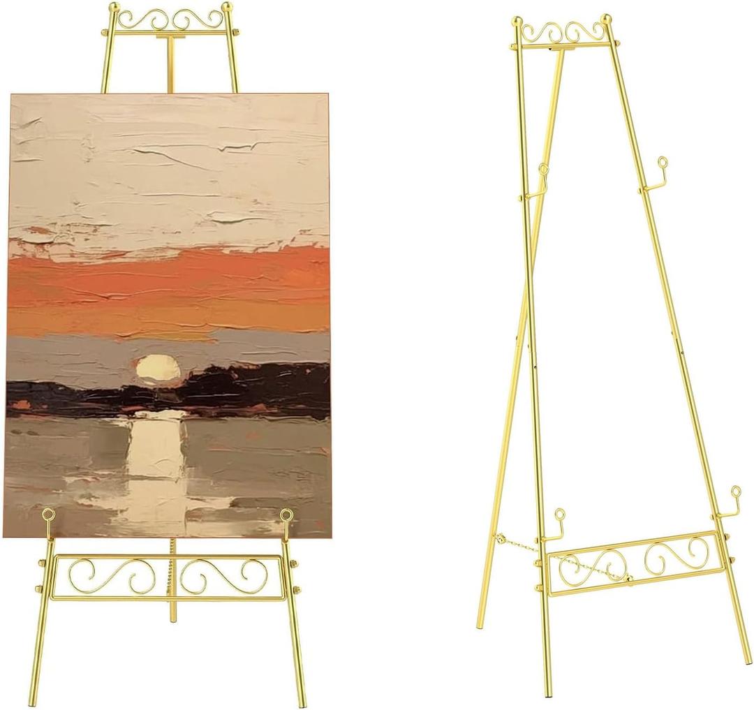Gold Floor Easel Stand for Signs - 3-Tier Adjustable Height 12-45 Inches, Heavy Duty Metal Display Stand with 55 lbs Capacity for Wedding, Art, Painting, Poster, Picture,Commercial Displays