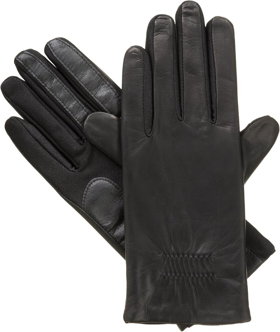 Isotoner Women's Classic Stretch Faux and Genuine Leather Touchscreen Gloves (Black, M)