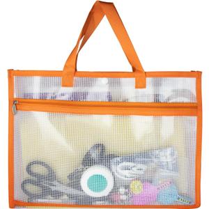 Portable Project Bags for Quilting Knitting, Stitching and Embroidery Projects Storage, Sew Project Bag with Zipper and Double Pockets, Transparent Mesh Sewing Project Bag for Crafter (1 Pack)