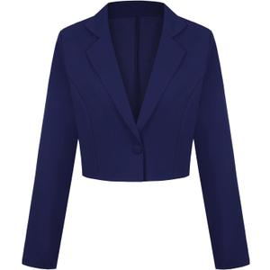 Cropped Blazer for Women Long Sleeve Notch Lapel Button Front Blazers Casual Work Office Cardigan Suit Jacket (Medium, Navy Blue)
