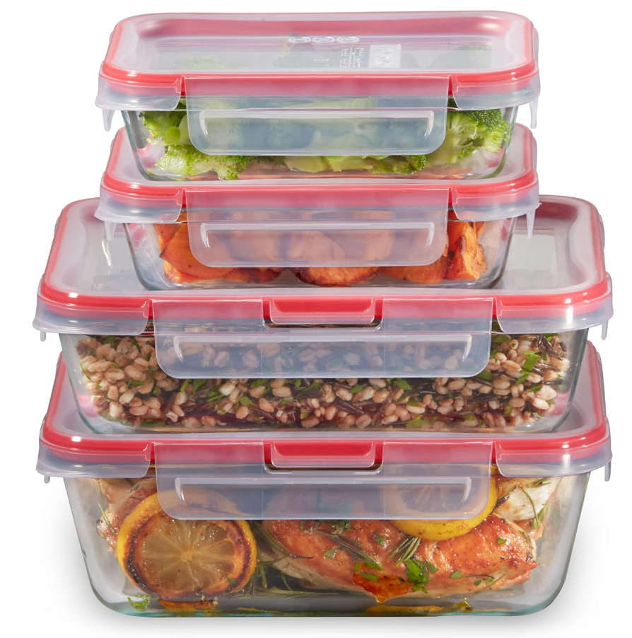 Pyrex Freshlock (4-Pack) Mixed Sized Glass Food Storage Containers Set, Airtight & Leakproof Plastic Locking Lids BPA-Free, Meal Prep Containers Set, Freezer Dishwasher Microwave Safe