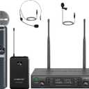 Phenyx Pro Wireless Microphone System, Dual Channel 100 UHF Metal Receiver, 328ft Range Auto Scan, Cordless Handheld & Bodypack & Lapel Mic Combo for Karaoke Church Speech PTU-71-1H1B