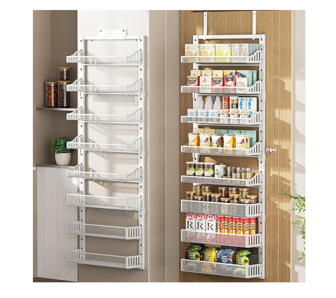 Over the Door Pantry Organizer 8-Tier, Large Metal Door Spice Rack with Adjustable Basket, 2 in 1 Wall Mount or Hanging Heavy-Duty Pantry Door Storage Shelf for Kitchen and Bathroom, White