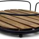 CVHOMEDECO. Farmhouse Tray Round Wood Plank Serving Tray with Metal Handles for Breakfast in Bed, Lunch, Dinner, Appetizers, Kitchen, Ottoman, Coffee Table, BBQ and Party