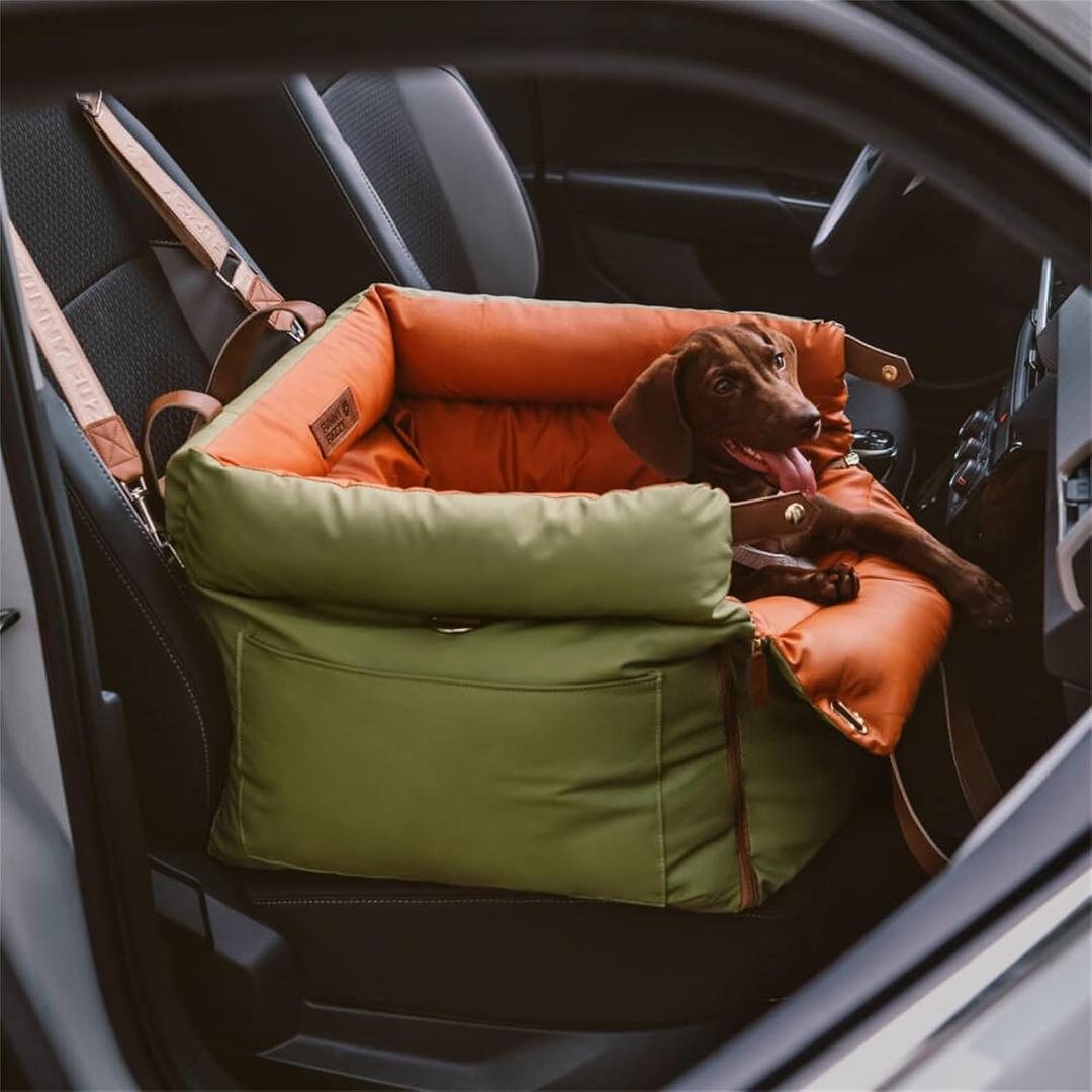 FUNNYFUZZY Luxury Dog Car Seat for Small Medium Dogs Under 35 lbs, Waterproof Leather Pet Booster Seat with Safety Leash & Anti-Slip Base, Fully Padded Dog Car Bed, Portable Puppy Carrier(Green)