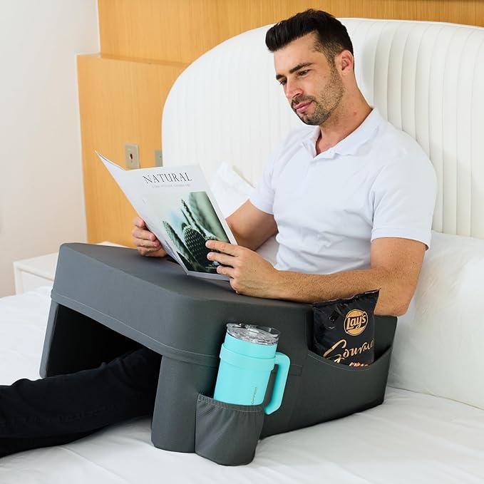 Reading Pillow for Bed,Reading Pillows for Sitting in Bed Adult with Cup Holder Pocket,Comfort Laptop Lap Desk for Couch,Soft Lap Desk Pillow for Gaming & Laptop(Dark Gray, Large)