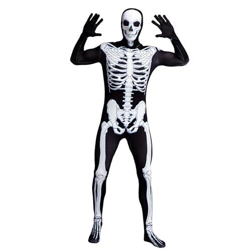 Spooktacular Creations Skeleton Bone Bodysuit Halloween Costumes for Men with Skeleton Hood Mask Medium