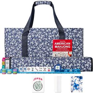 American Mahjong Set,166 Premium Acrylic Tiles with Blue Prints, 4 All-in-One Color Rack/Pushers, Complete Mahjong Game Set with Floral Blue Carrying Bag