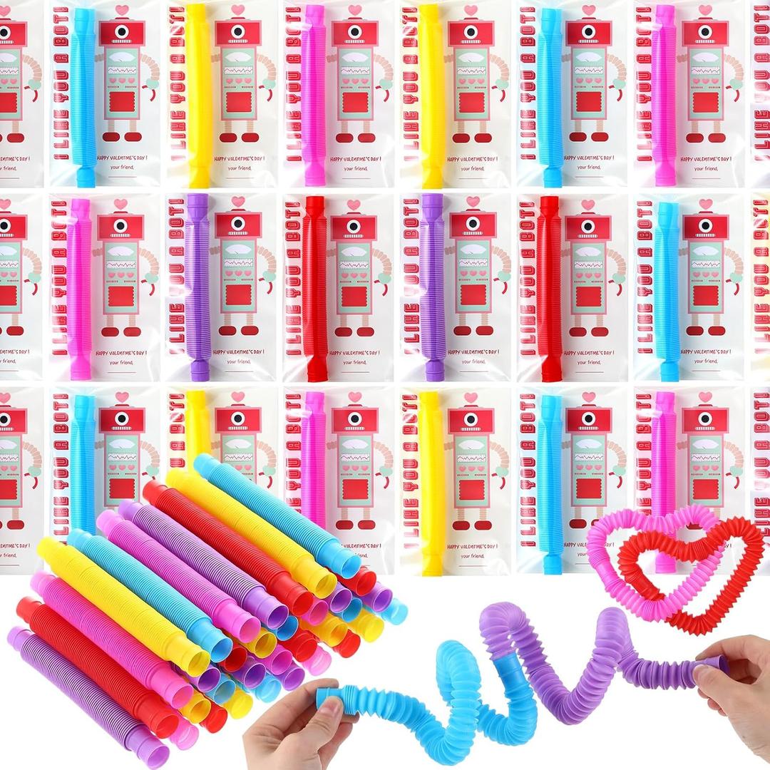 50 Sets Valentines Day Cards with Pop Tubes Valentines Party Gifts Cards Stress Relief Fidget Gifts for Non Candy Exchange