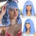 Blue Short Bob Curly Wavy Wigs with Bangs for Women Like Human Hair Natural Wig 14 Inch Made with Premium Materials Cosplay Party Wig