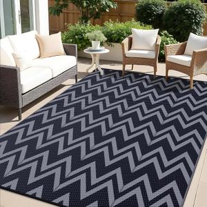 OLANLY Waterproof Outdoor Rug 8x10 ft Clearance, Reversible Outdoor Plastic Straw Rug, RV Mat, Indoor Outdoor Carpet for Patio, Camping, Balcony, Deck, Backyard, Black & Grey