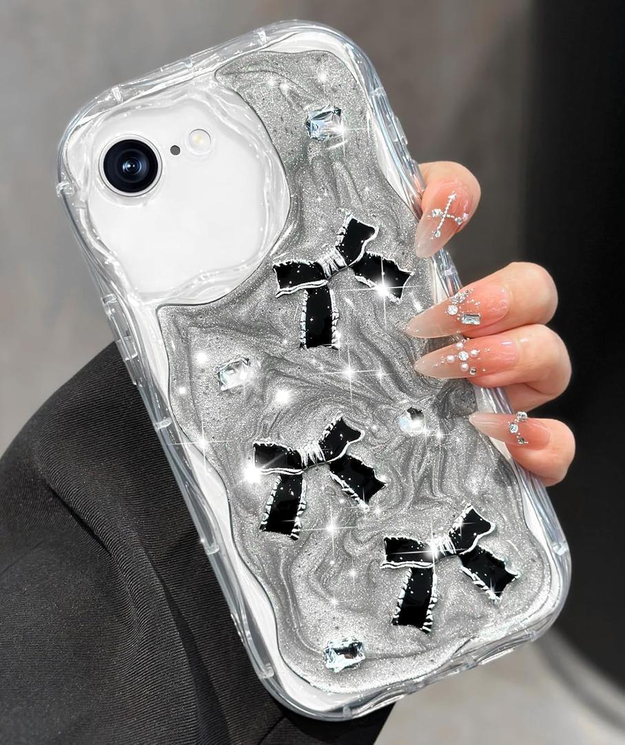 Toycamp for iPhone SE Case - for iPhone 8/7 Case Cute Women Girly Girls Glitter Phone Cover Kawaii Sparkle Bling Aesthetic Pretty Unique Design Funda for Apple SE 2nd/3rd Generation, Black Bowtie