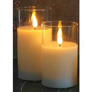 LEDHOLYT Rechargeable Flameless Glass Pillar Candles – Remote & Timer – Set of 2 White Stripes Realistic Flickering LED Light, Ideal for Living Room, Bedroom & Holiday Décor& Gifts for Women