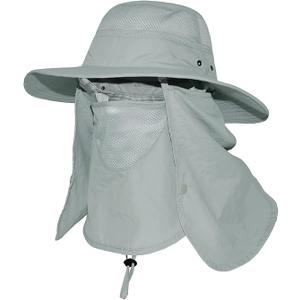 Wide Brim Sun Hat with Detachable Face Cover & Neck Flap Waterproof Safari Fishing UPF 50+ UV Protection Hat for Men Women, One Size