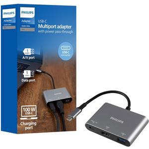 Philips USB C Hub to Multiport Adapter, 3 in 1 Power Pass Through, HDMI 4k@30Hz, 60W USB C Charging Port, 5Gbps USB 3.0 Port for MacBook Pro, MacBook Air, UCB C Laptop Docking Station, DLK9220C/27