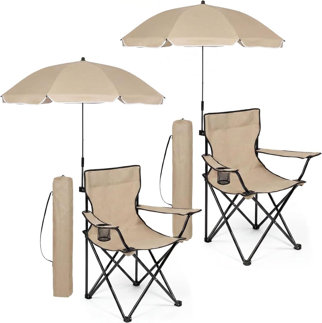 2 Pack Beach Umbrella Chairs Folding Camping Portable Beach Chairs with Canopy Shade Adults with Cup Holder Carrying Bag for Camping Hiking Travel Picnic Outdoor Events(Khaki), 31.5 x 31.5 x 19.7 inches
