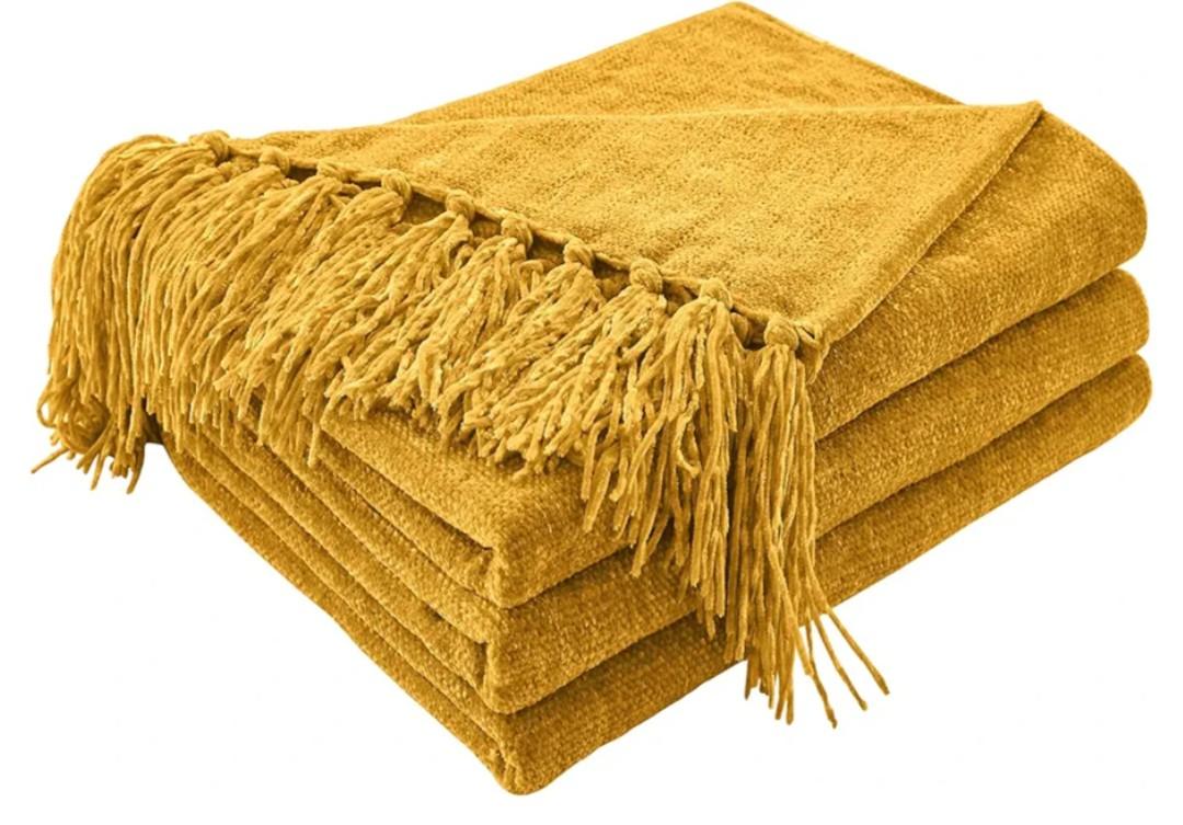 CozeCube Chenille Throw Blanket for Couch, Cozy Plush Fuzzy Decorative Harvest Gold Blanket with Fringe Tassels, Lightweight Throws for Bed Sofa Gift Home Decor, 50"X60"
