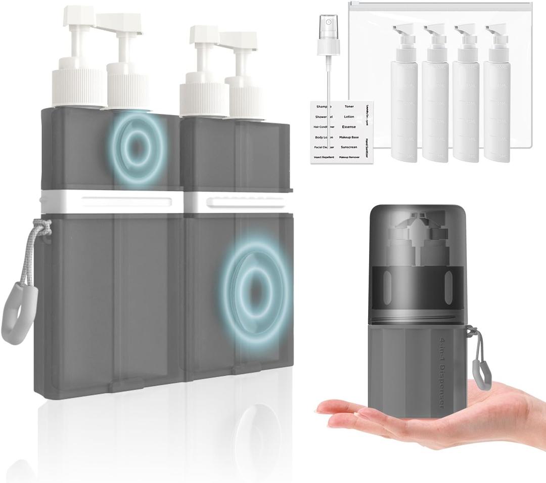 TechoEcho 4 in 1 Travel Toiletry Containers, TSA Approved Refillable Travel Size Toiletries Bottles Set with Suction Cup for Smooth Walls - for Shampoo, Conditioner, Body Wash, Lotion (Grey)