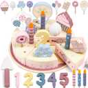 Wooden Birthday Party Cake Play Food Sets for Toddler 2 3 4 5 Year Old Girls Boys Kids Kitchen Accessories Pretend Play Toy Gift Educational Toys