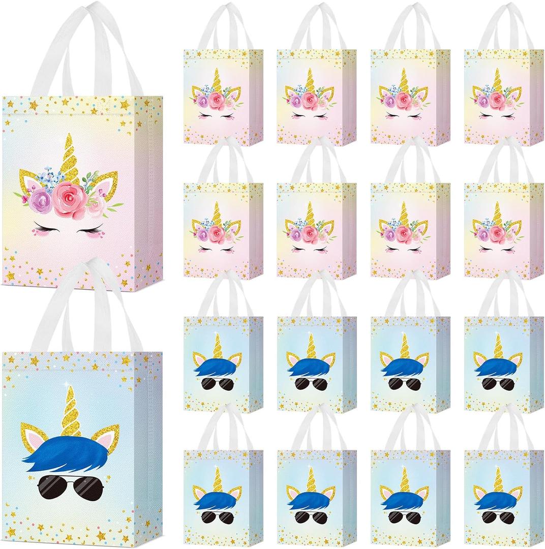 Locmeo 24 Pcs Unicorn Party Favor Bags with Handles Reusable Non Woven Unicorn Goodie Bags Pink Blue Candy Treat Gift Bag for Girl Boy Birthday Unicorn Party Supplies, 8 x 4 x 10 Inch