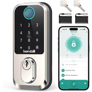 Hornbill WiFi Smart Lock Deadbolt, Keyless Entry Front Door Lock, Fingerprint Electronic Deadbolt Compatible with Alexa, Touchscreen Keypad Code Unlock for Home Office Hotel (Satin Nickel)