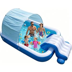 10 FT Inflatable Pool with Water Slide & UV Sun Canopy, 119x68x20 Inch Large Family Blow Up Pool for Kids, Adults & Pets, Heavy Duty PVC for Backyard Summer Water Party