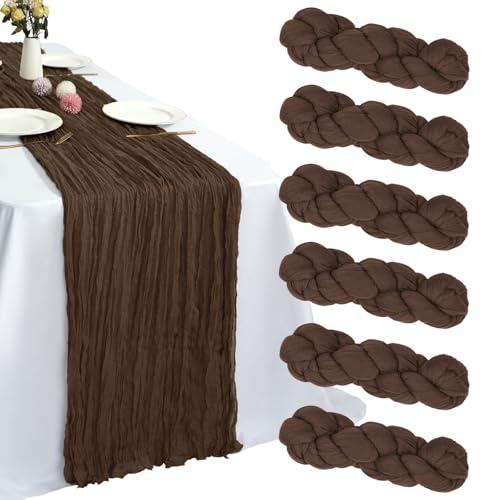 RestfulGlow 6 Pack Brown Cheesecloth Table Runner 10FT Boho Cheese Cloth Gauze Fabric Table Runner 35 x 120 Inch Rustic Sheer for Bridal Wedding Decor Holiday Home Baby Shower Party Decoration