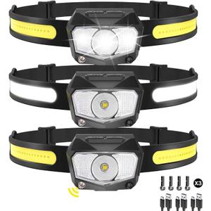 Headlamp Rechargeable 3Pack, 230Wide Beam COB & 60 Super Birght LED Head Lamp with White Red Light, 7Mode Head Lights for Forehead with Motion Sensor, Headlamps for Adults Camping Running Hiking