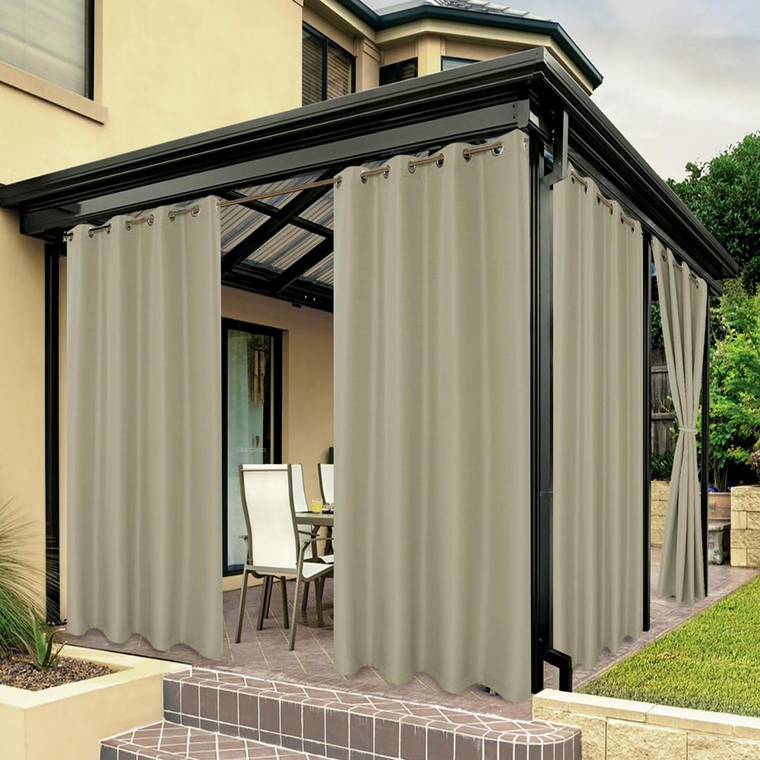 BONZER Outdoor Curtains for Patio Water Resistant Heavy Privacy Light Filtering Grommet Outside Curtains for Porch, Pergola, Gazebo, 1 Panel, 84W x 108L inch, Taupe