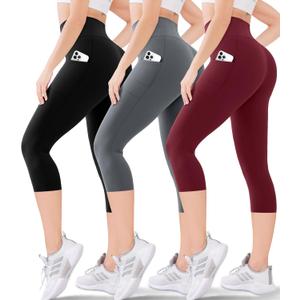 Blisset Women's High Waisted Capri Buttery Soft Tummy Control No See Through Workout Athletic Running Yoga Cycling (Large-X-Large, 105-black/Grey/Burgundy)