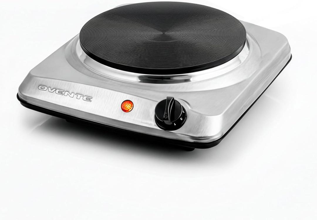 OVENTE Electric Countertop Single Burner, 1000W Cooktop with 7.25 Inch Cast Iron Hot Plate, 5 Level Temperature Control, Compact Cooking Stove and Easy to Clean Stainless Steel Base, Silver BGS101S