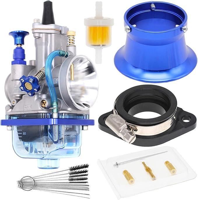 PWK 21mm Carburetor, Universal Mortorcycle Racing With Blue Float Bowl Horn Cup Intake Manifold Fit for 2T 4T Engine Scooter Motorcycle ATV Quad Pit Bike 50cc-80cc