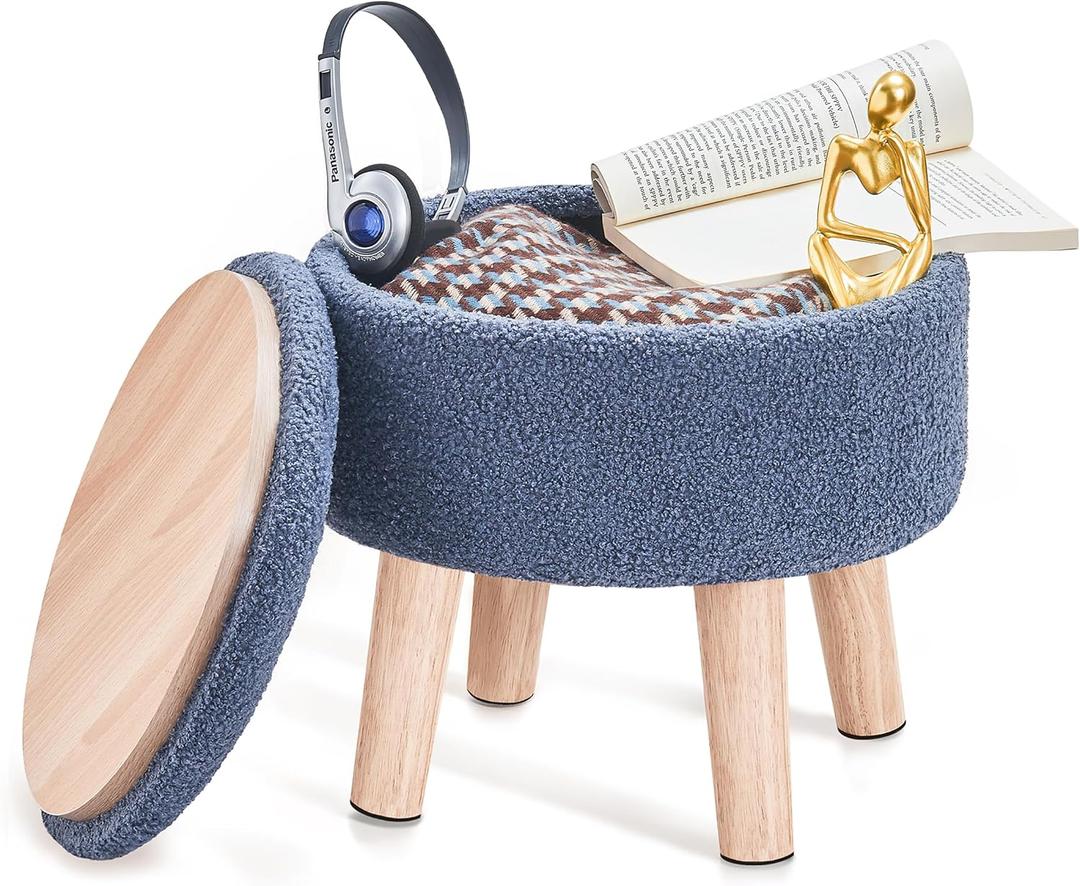 Poofzy Small Ottoman with Storage, Small Foot Stool Ottoman with Wood Legs, Sherpa Foot Rest for Couch, Living Room and Bedroom, Blue