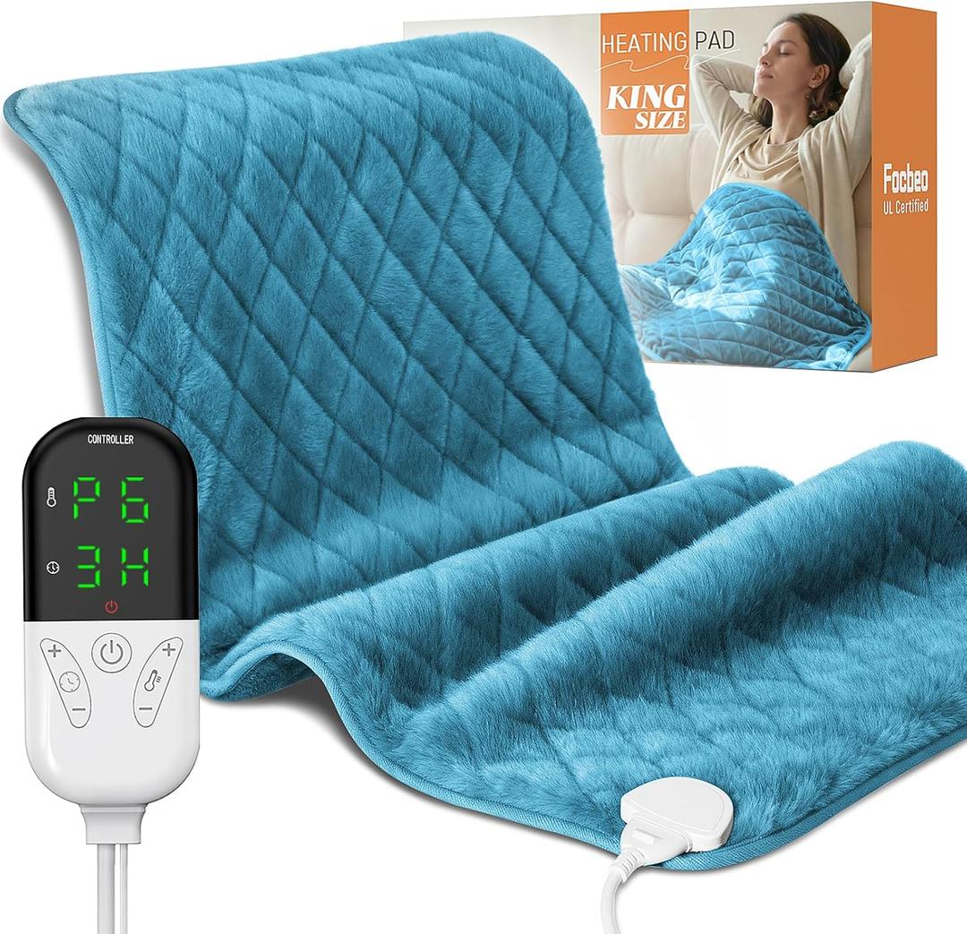 Electric Heating Pad for Pain Relief - 35"x20" King Size, Moist & Dry Heat, Soft Velvet, Machine Washable, Adjustable Temperature, Auto Shut-Off, Ideal for Back, Neck, Shoulder & Menstrual Cramps (Blue)