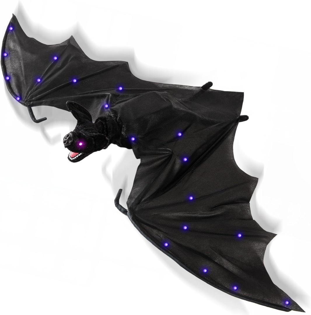 Halloween Animatronics Flying Bat, 40" Scary Hanging Animated Animal Prop with Sound & Touch Activated, Light Up Eyes, Creepy Voice, Spooky Move, Haunted Horror Decorations for Indoor, Outdoor, Yard