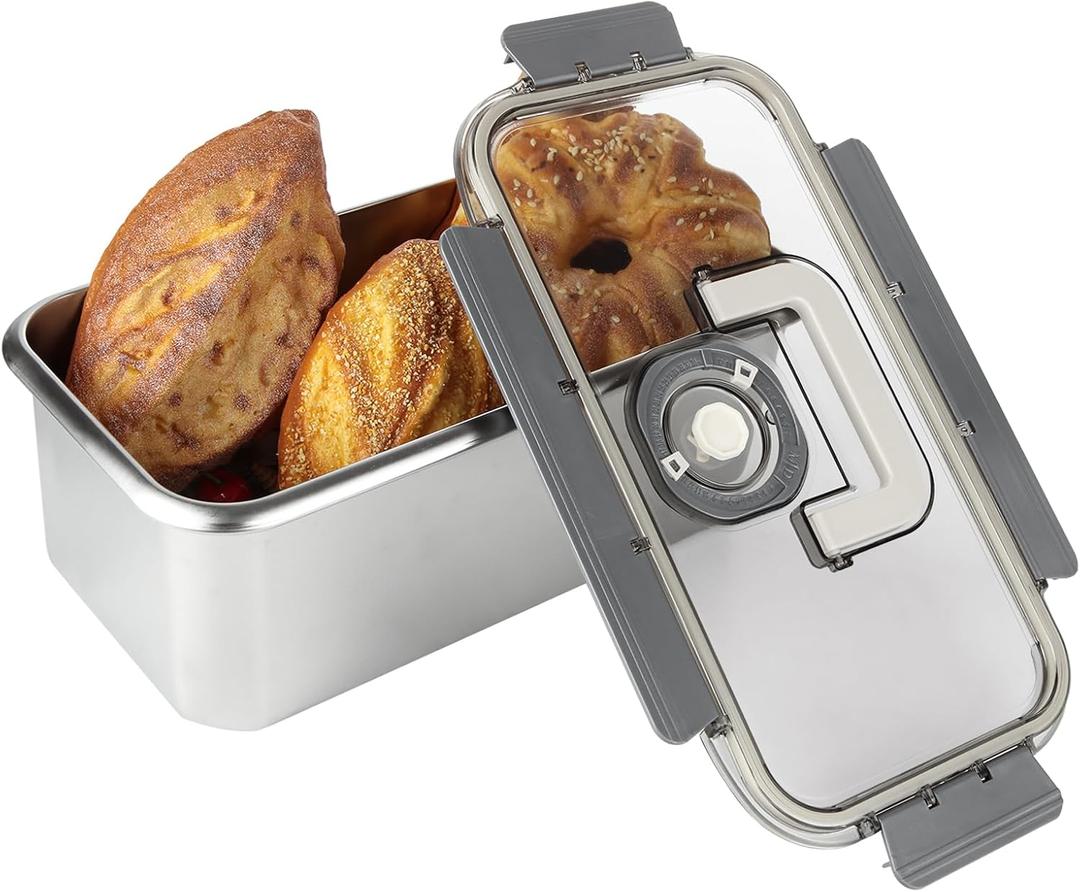 QTLCOHD Bread Box with Lid for Kitchen Counter, Stainless Steel Airtight Loaf Bread Storage ContainerTime Recording Bread Keeper for Homemade Bread, Toast, Bagel, Donut and Cookies