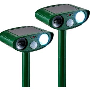 2 Pack Solar Animal Repeller for Raccoons, Deer & Squirrels - Ultrasonic & Strobe Light, Outdoor Deterrent for Cats, Dogs, Raccoons, Rabbits, Skunks, Foxes & More