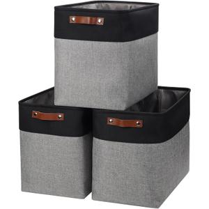 Bagnizer Large Fabric Storage Baskets | 50L Storage Bins, Decorative Linen Closet Baskets with Handles for Organizing, Shelf, Toys, Clothes, Home, Office, Nursery, 17x12x15Inches (Gray&Black)