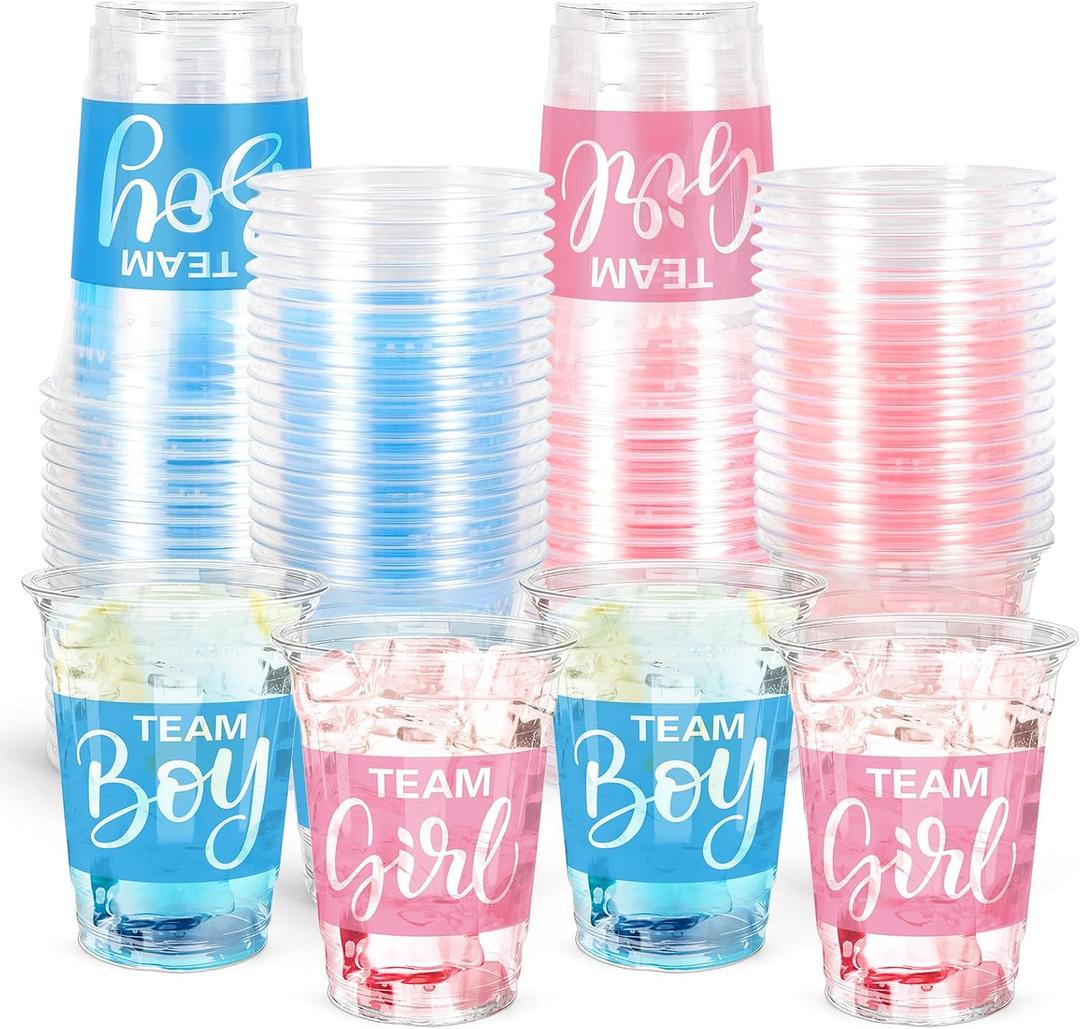 FYSUIMU 50 Pcs Gender Reveal Plastic Cups 16oz Clear Drinking Cups Blue Pink Team Boy Team Girl Disposable Cup for Gender Reveal Baby Shower Party Table Decor Supplies