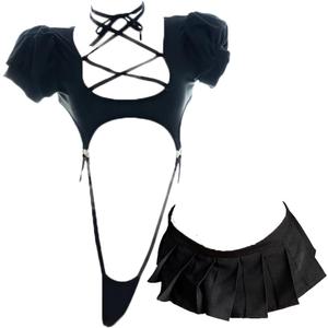 JasmyGirls Cosplay Lingerie Anime Costume Sexy Cutout Bodysuit Cute Mini Skirt Kawaii Top Lolita Underwear Japanese Swimsuit (X-Small - Medium, Black)