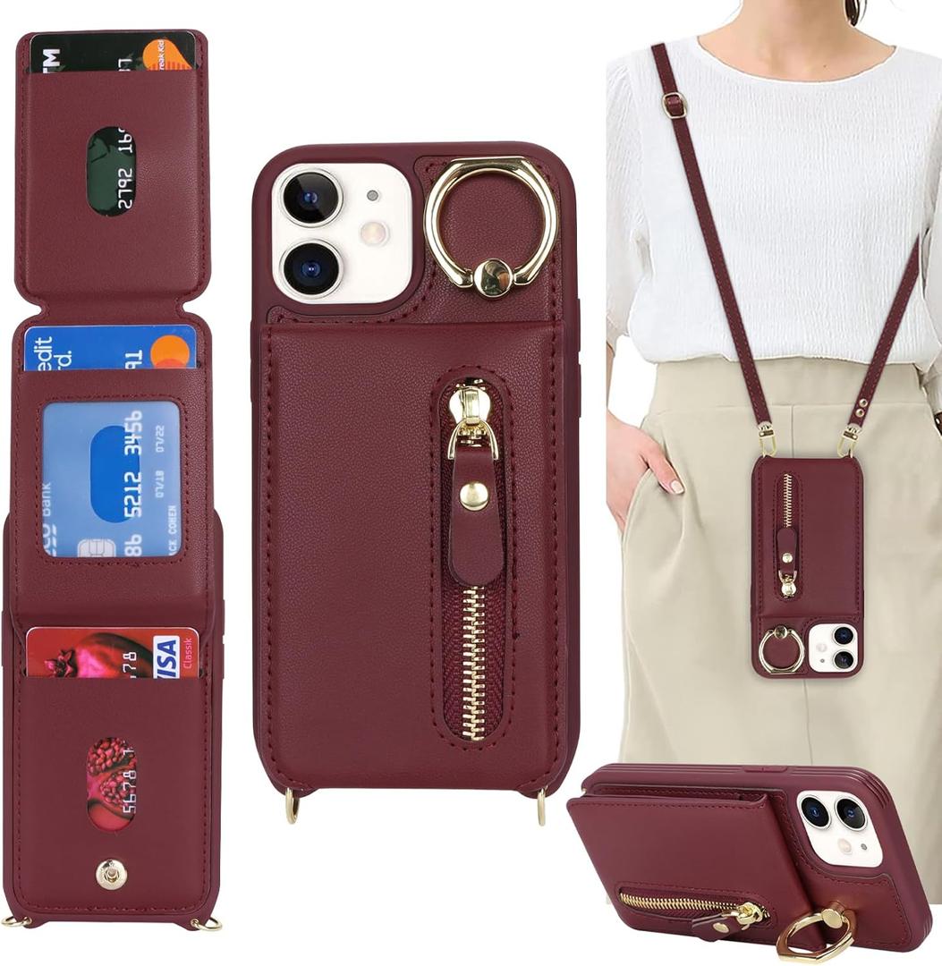for iPhone 12 Mini Case with Card Holder for Women, for iPhone 12 Mini Phone Case Wallet with Strap Credit Card Slots Crossbody with Kickstand Zipper Case - Red Wine