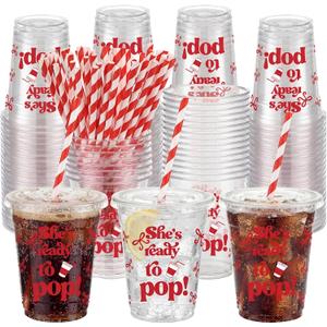 Zhehao 50 Sets/150 Pcs She's Ready to Pop Disposable Cups with Lids and Straws Plastic 12 oz Cute Soda Bow Cold Beverage Drinking Red Plastic Cups for Baby Shower Birthday Party Decorations Supplies
