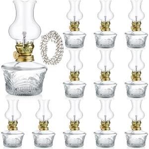 Yexiya 12 Pcs Oil Lamp Vintage Glass Kerosene Lamp Rustic Lantern Chamber Oil Clear Kerosene Hurricane with 6.6 ft Extra Wick for Indoor Use Home Decor Emergency (Line Style)