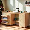 DWVO Large Folding Sewing Table with Charging Station, Multipurpose Craft Table with Compact Design, Sewing Cabinet with Lockable Casters, Storage Shelves, Magnetic Doors, Burlywood